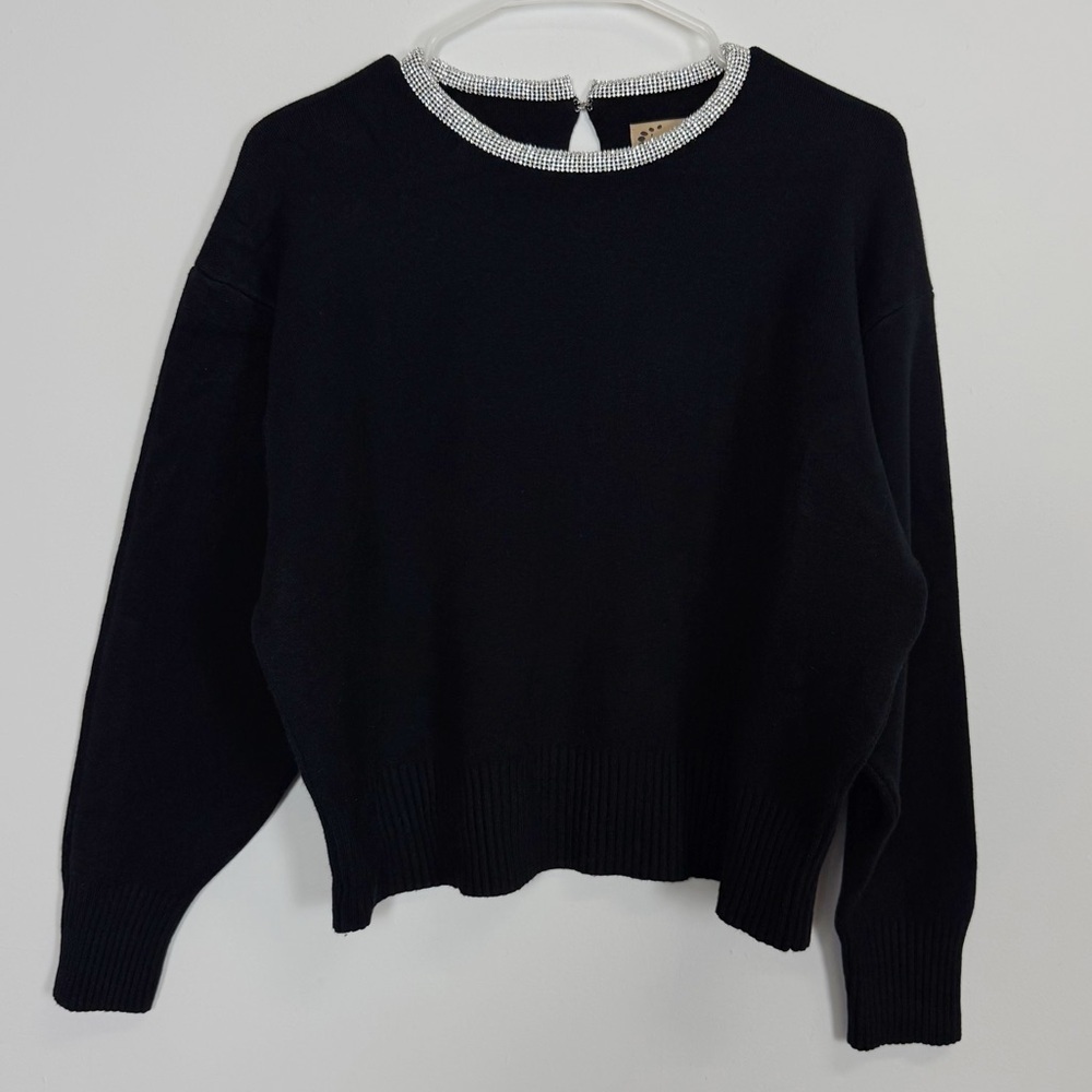 Karakorum Sweater Womens Large Black Knit Rhinestone Neckline Made in Italy - Picture 1 of 7